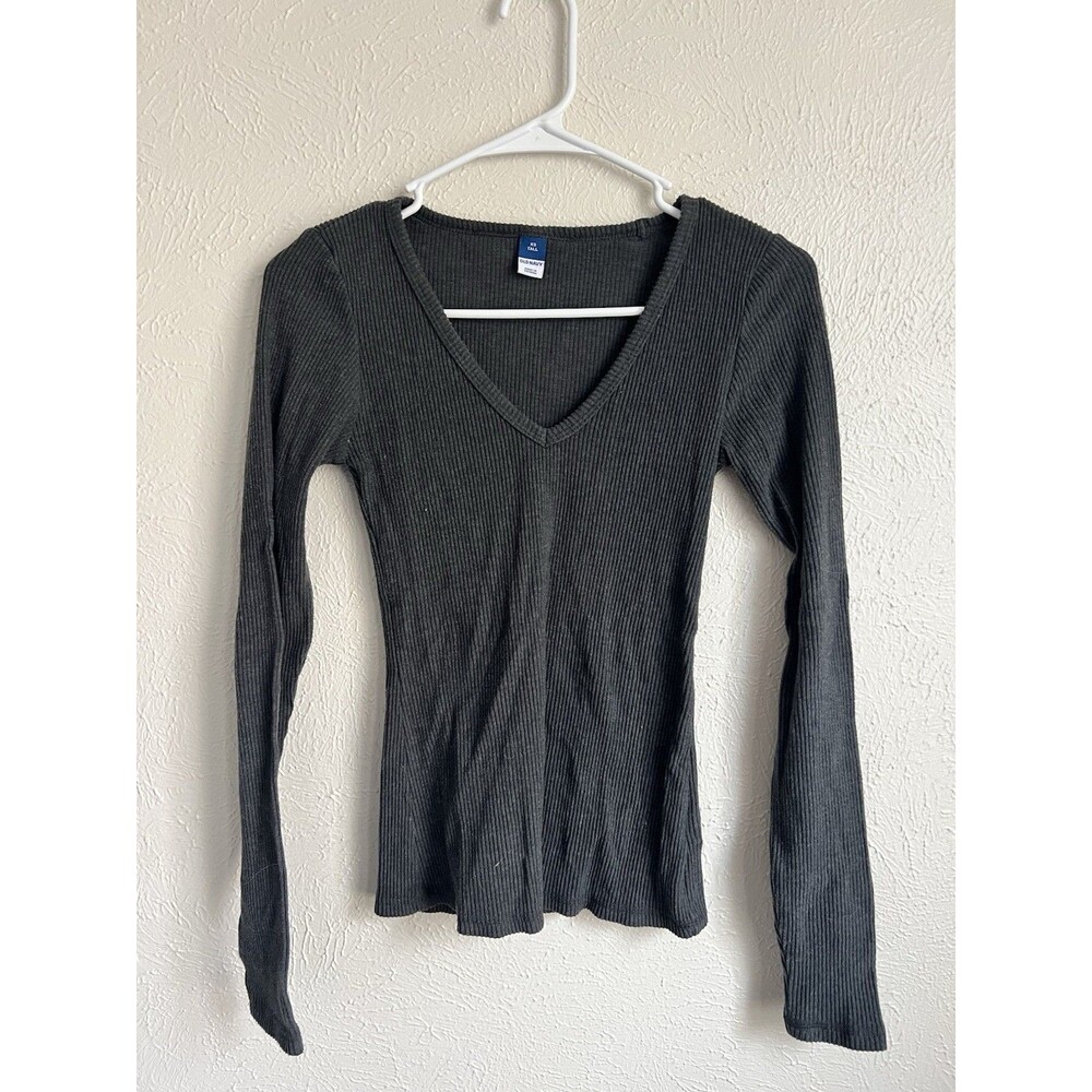 Old Navy Gray V-Neck Knit Stretch Long Sleeve Top Cotton Blend Women’s XS Tall